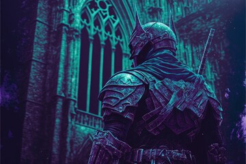 The warrior gazes upon a mysterious glow amidst Gothic architecture. Fantasy concept , Illustration painting. Generative AI