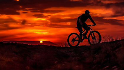 Obraz na płótnie Canvas Mountain biker racing at dusk captures freedom generated by AI