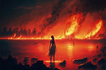 Female gazing at fiery metropolis from the seashore. Fantasy concept , Illustration painting. Generative AI
