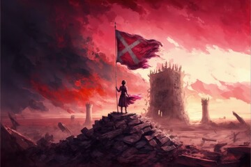 A young lady holding a flag stands atop the ruins of a city, gazing at the crimson sky with drifting clouds. Fantasy concept , Illustration painting. Generative AI