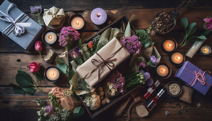 Rustic gift box with candles on table wooden generated by AI