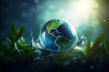 Fototapeta na wymiar Planet Earth day concept. Minimalistic planet Earth globe surrounded with greenery. Save and care nature and planet Earth idea. Generative AI