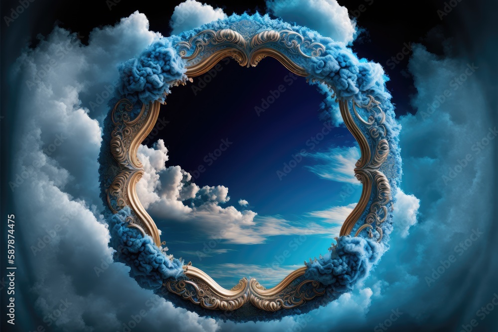 Poster frame made with covered white cloud in the sky in circle shape. concept of luxurious fantasy window.