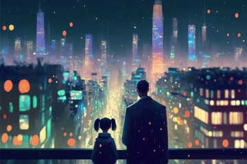 Dad and kid admiring the surreal metropolis enveloped in luminous specks. Fantasy concept , Illustration painting. Generative AI