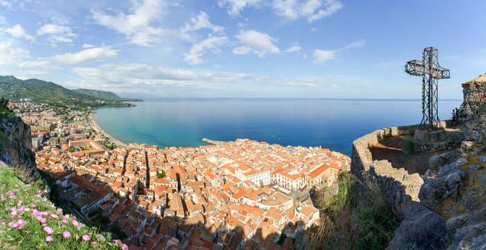 Landscape with Cefalu and Mediterranean sea, Sicily island, Italy
