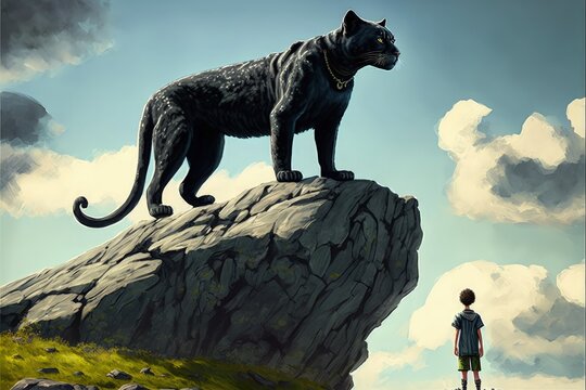 Enormous obsidian feline and its keeper perched atop rocky peak Fantasy concept , Illustration painting. Generative AI