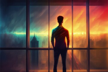 Fototapeta na wymiar A male figure looks out from a balcony, taking in the sight of a futuristic city illuminated by vibrant lights. Fantasy concept , Illustration painting. Generative AI