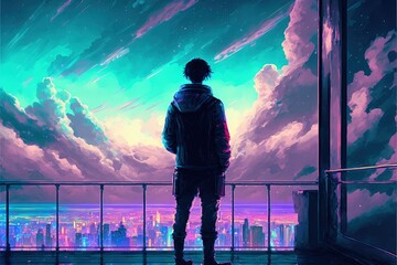 Fototapeta premium A male figure looks out from a balcony, taking in the sight of a futuristic city illuminated by vibrant lights. Fantasy concept , Illustration painting. Generative AI