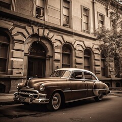 Vintage Automobile Parked by a Building in Noir Style - Generative AI