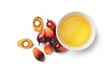 Top view of Palm oil with palm nuts isolated on white background.