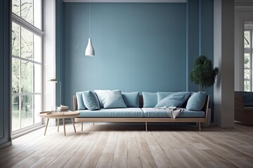 modern living room featuring a blue couch and a coffee table. Generative AI