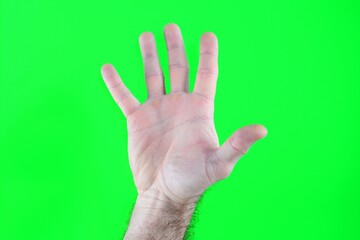 Male hand gesture isolated at bright green screen background. Punch and symbolic sign on chroma key screen. High quality photo