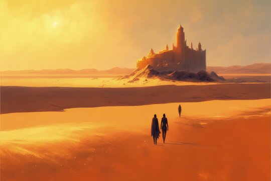 A team hiking through a dry terrain towards a mysterious structure. Fantasy concept , Illustration painting. Generative AI