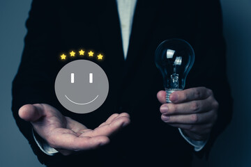 Businessman choosing customer satisfaction concept, selected on happy smile face icon, very excellent, five stars, customer service, feedback, best quality, check mark, rating experience.
