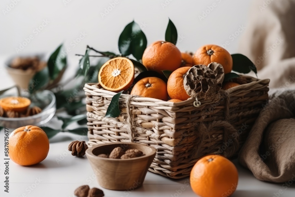 Poster wicker basket filled with oranges and nuts on a wooden table. generative ai