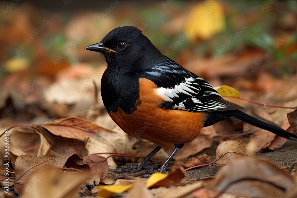 Canvas Prints cute bird perched on a colorful pile of autumn leaves. Generative AI