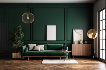 cozy living room with natural green walls and warm wooden floors. Generative AI