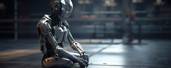 Tired, sad metallic AI robot on blurred modern factory background, copy space. Generative AI