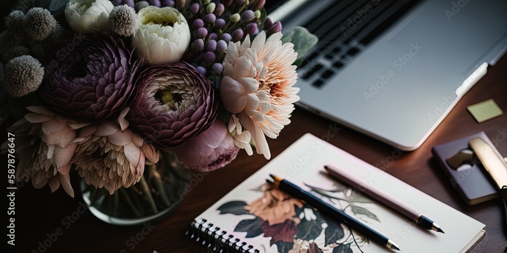 Poster Flowers and notepads next to the computer Generative AI