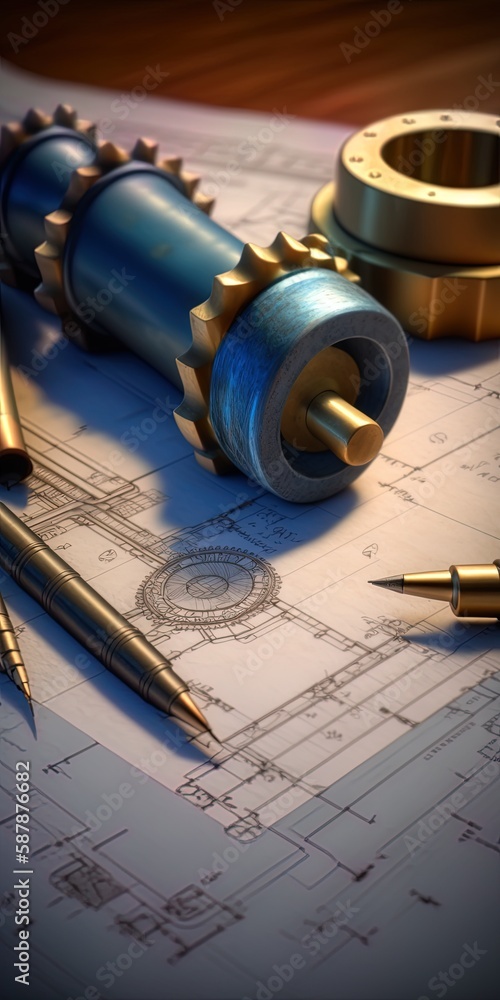 Poster shot of close-up drawing instruments and blueprints. generative ai