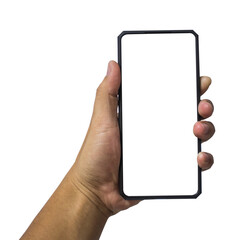 Man hand holding black smartphone with blank screen isolated on white background, clipping path.
