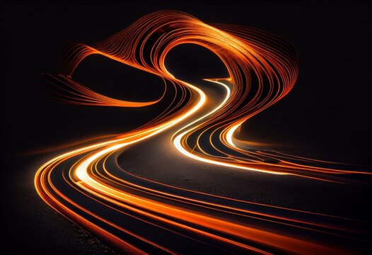Light wave with trail path, orange neon glowing flash trace. Car lights trace effect, optic fiber glow and magic bright light in motion curve on black background. Generative AI