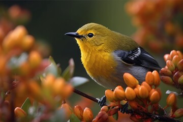 vibrant yellow and black bird perched on the branch of a tree. Generative AI