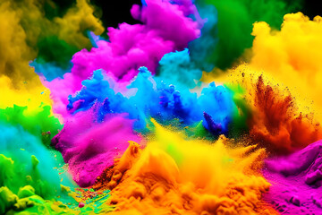 Fototapeta na wymiar Explosion of colored powder abstract colored background. Multicolor splash of particles festival of colors powder burst exploding and splashing powder. Holy festival. Generative AI.