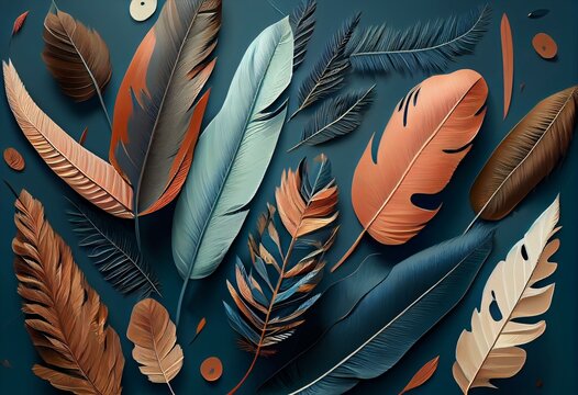 Feather And Feathers. Seamless Background With Leaves.Neutral Flat And Minimalist Boho Aesthetic Abstract Background Wallpaper, Artwork, Art. Illustration Of Background. IPhone. Generative AI