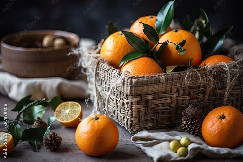 Wall mural basket of fresh oranges on a wooden table. Generative AI