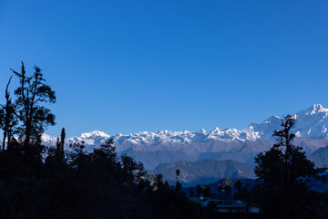 Landscape of Himalaya, Panoramic view of Himalayan mountain covered with snow. Himalaya mountain landscape in winter at Kedarnath valley.