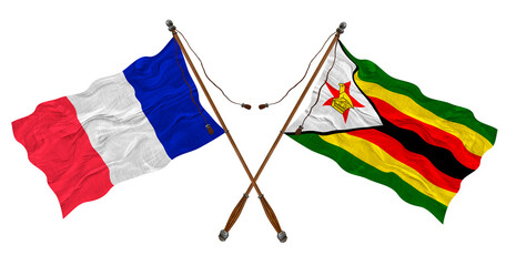 National flag  of Zimbabwe and France. Background for designers