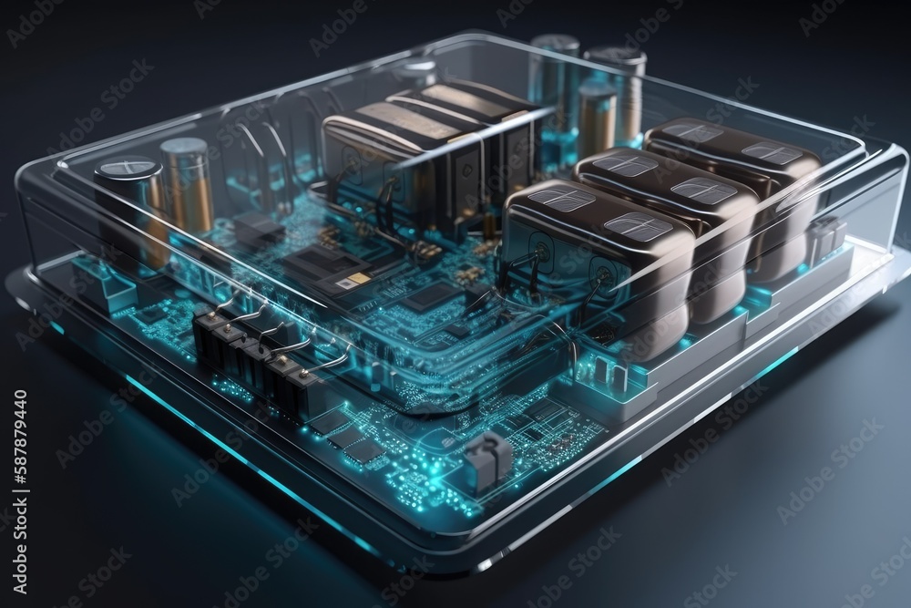 Poster detailed view of a computer motherboard on a flat surface. generative ai