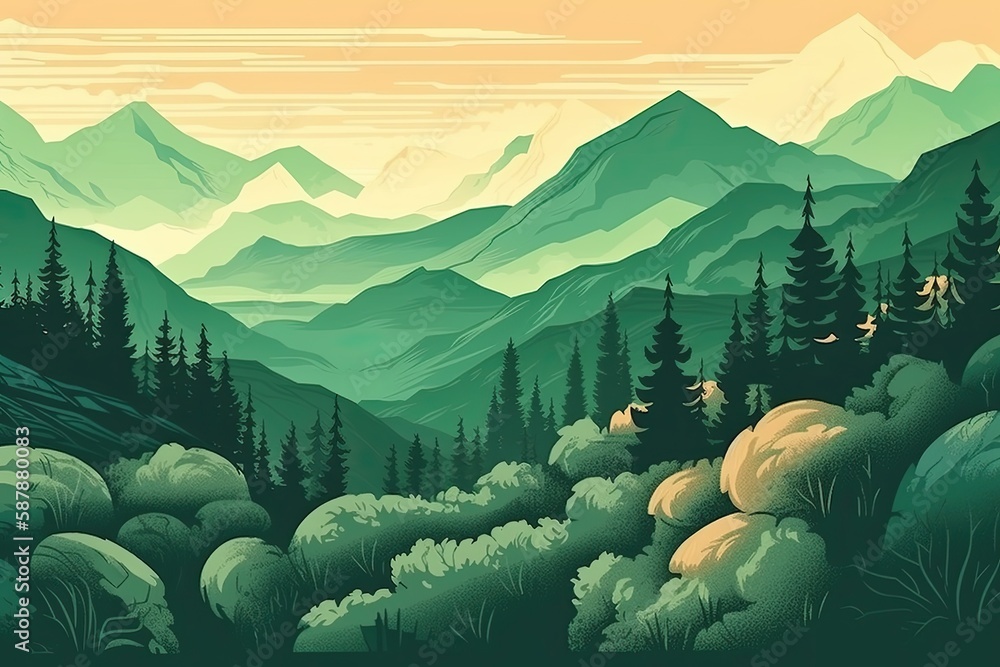 Sticker serene mountain landscape with tall trees. Generative AI