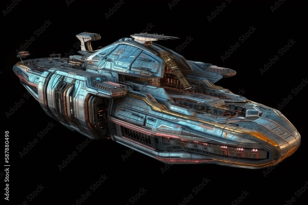 Poster sleek and modern spaceship in a mysterious and dark environment. generative ai