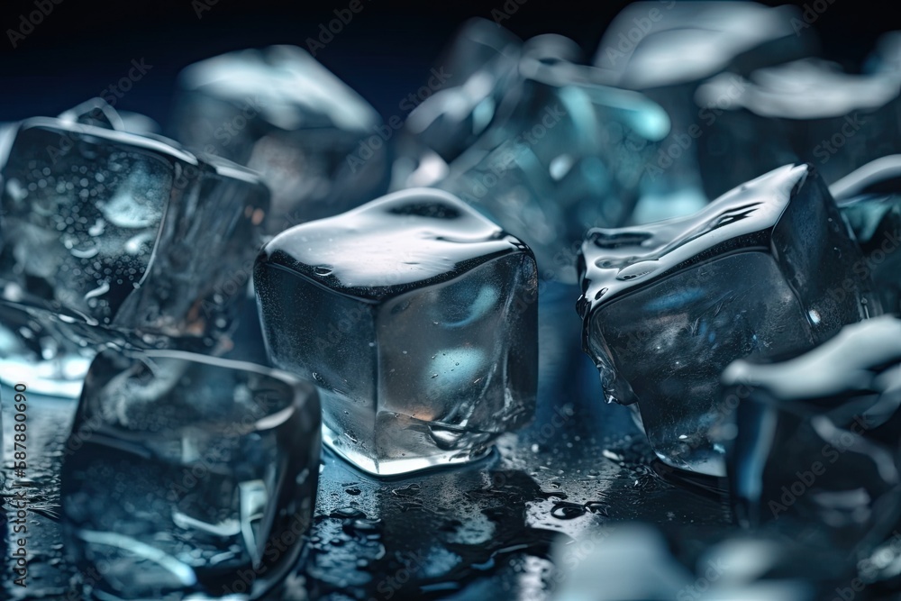 Aufkleber cluster of ice cubes resting on a wooden table. generative ai