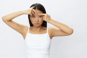 Asian woman facial skin problems, acne and inflammation, red rashes and allergies, chicken pox,...