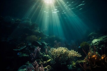 Fototapeta na wymiar Underwater Blue Abstract background. Ocean Nature Seascape Wallpaper