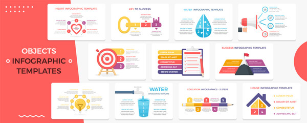 Business infographic templates with different objects - heart, bulb, pencil, key to success