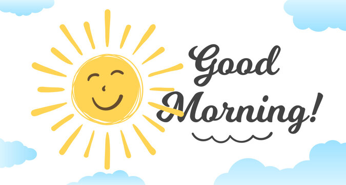 Smiling handdrawn sun with clouds, good morning concept
