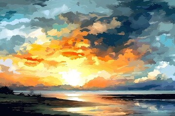 serene sunset scene over a tranquil body of water. Generative AI