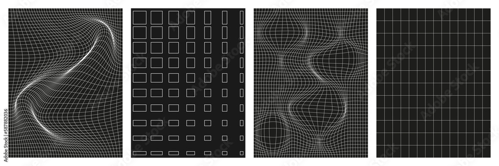 Poster set of geometry wireframe grid backgrounds in white color on black background. 3d abstract posters, 