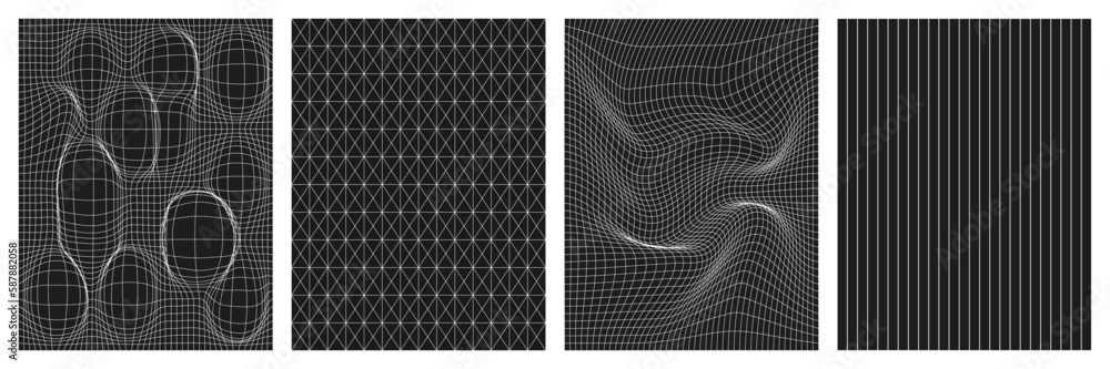 Poster set of geometry wireframe grid backgrounds in white color on black background. 3d abstract posters, 
