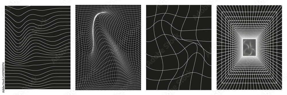 Poster set of geometry wireframe grid backgrounds in white color on black background. 3d abstract posters, 