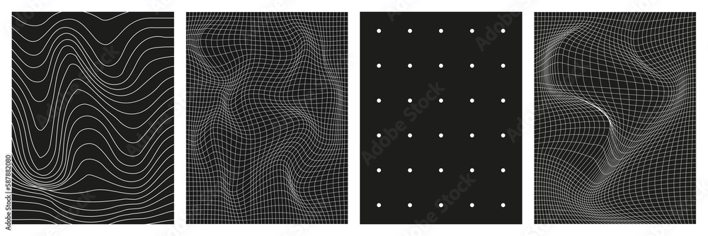 Poster set of geometry wireframe grid backgrounds in white color on black background. 3d abstract posters, 