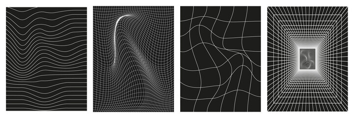 Set of geometry wireframe grid backgrounds in white color on black background. 3D abstract posters, patterns, cyberpunk elements in trendy psychedelic rave style. 00s Y2k retro futuristic aesthetic.