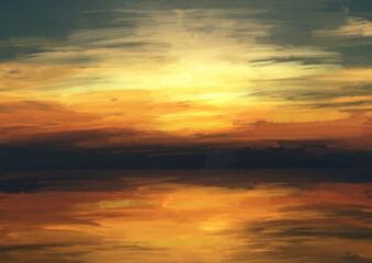 Abstract hand painted sunset landscape in oil paints