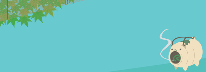 ブタの蚊取り線香入れと青もみじの夏の広告バナーテンプレート　Summer Ad Banner Template of Pig Mosquito Coil Box and Blue Maple Leaves