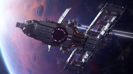 Fototapeta na wymiar Futuristic Space Station in Redshift Render for Sci-Fi Game Art or Borne Space Library Artwork