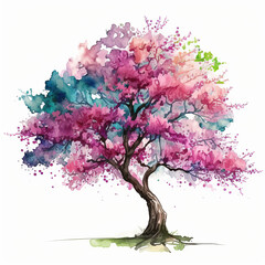 Obraz na płótnie Canvas Watercolor flowering cherry tree illustration on white background. Ai generated